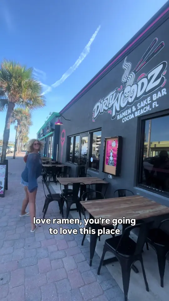Dirty Noodz in Cocoa Beach showing review, black garlic broth, wagyu ramen, lychee cocktails, yuzu potstickers, video by alexandraallenn on TikTok