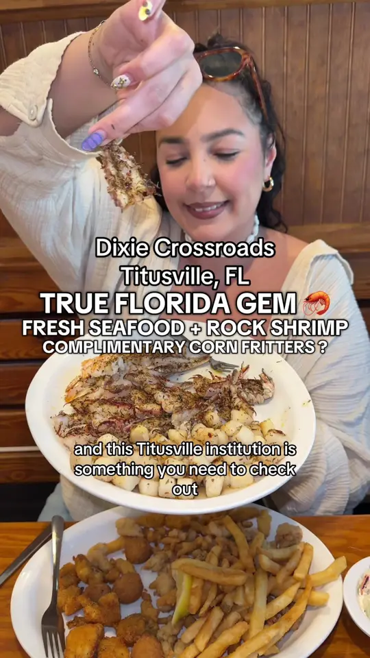 Dixie Crossroads in Titusville showing review, visit, history, seafood, rock shrimp, video by beercutieandfoodie on TikTok