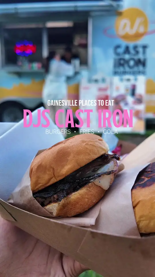 DJ's Cast Iron Burgers - Food Truck in Gainesville showing review, smash burgers, oklahoma onion, video by iammiaalexis on TikTok