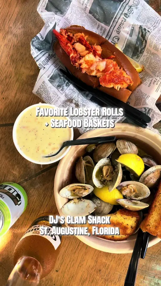 DJ's Clam Shack St. Augustine in St. Augustine showing lobster rolls, seafood baskets, video by floridashistoriccoast on TikTok