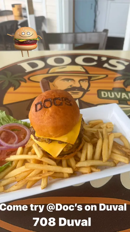 Doc's on Duval in Key West showing burgers, bbq, seafood, video by Scott Taylor on Facebook
