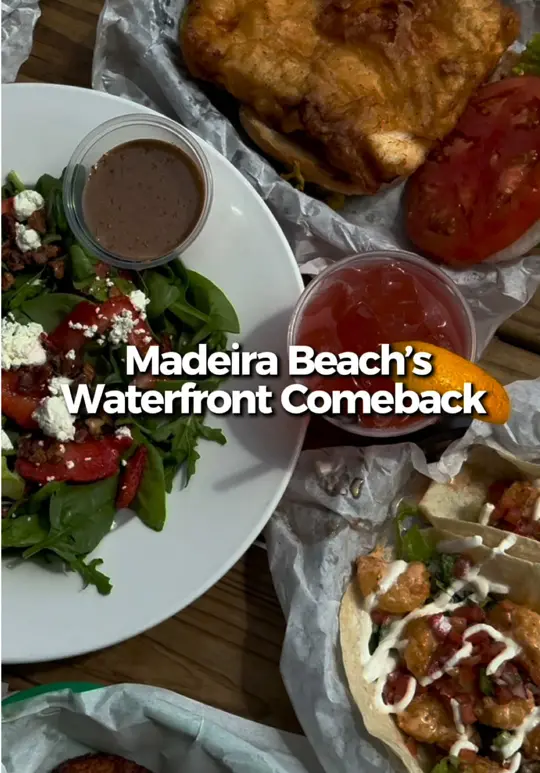 Dockside Dave's in Madeira Beach showing food, fresh oysters basket, grouper cakes, gator bites, super onion rings, video by eatlocalflorida on TikTok