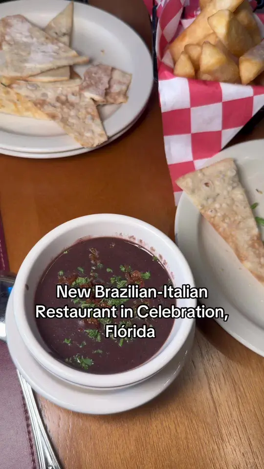 Dom Helio Restaurant in Kissimmee showing restaurant visit, all-you-can-eat rodízio, appetizers, bean soup, beef carpaccio, french fries, cassava, freshly made pasta, savory pizzas, sweet pizzas, video by stephanieinorlando on TikTok