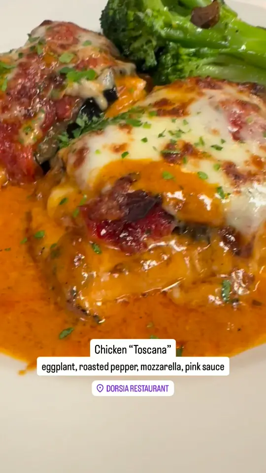 Dorsia Restaurant in Boca Raton showing italian food, pan roasted chicken, grilled eggplant, mozzarella cheese, video by Dorsia Restaurant on Facebook