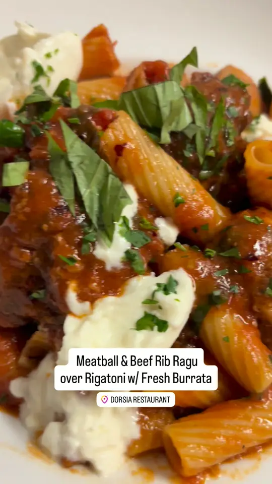 Dorsia Restaurant in Boca Raton showing pasta, house made all beef meatballs, beef spare ribs, rigatoni, creamy fresh burrata, video by Dorsia Restaurant on Facebook