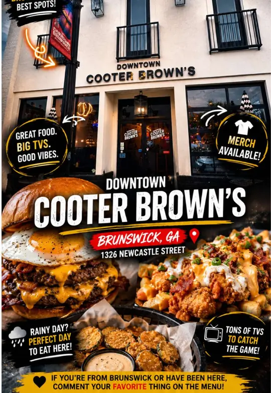 Downtown Cooter Brown's in Brunswick showing burger, smash stack burger, chicken tenders, tenders & taters supreme, fried pickles, video by jeremyhudson1 on TikTok