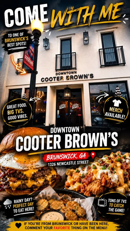 Downtown Cooter Brown's in Brunswick showing visit, crispy fried pickles, smash stack burger with egg, loaded tenders & taters supreme, video by Jeremy Hudson on Facebook