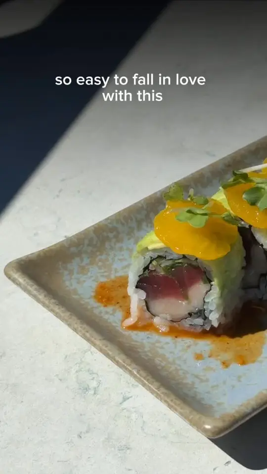 Dragonfly Robata Grill & Sushi in Orlando showing food, o-renji roll, video by Dragonfly Robata Grill & Sushi on Facebook