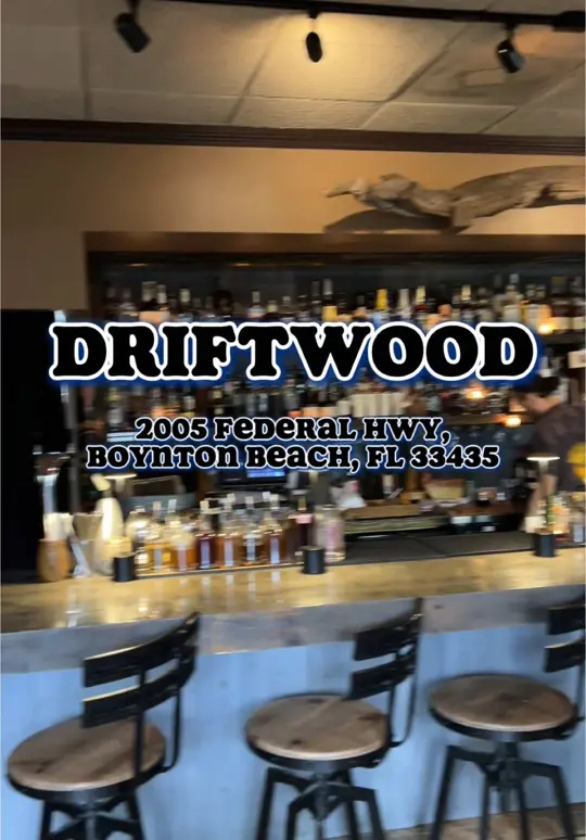 Driftwood in Boynton Beach showing review, tropical drinks, atmosphere, happy hour deals, video by sk8natethefoodie on TikTok