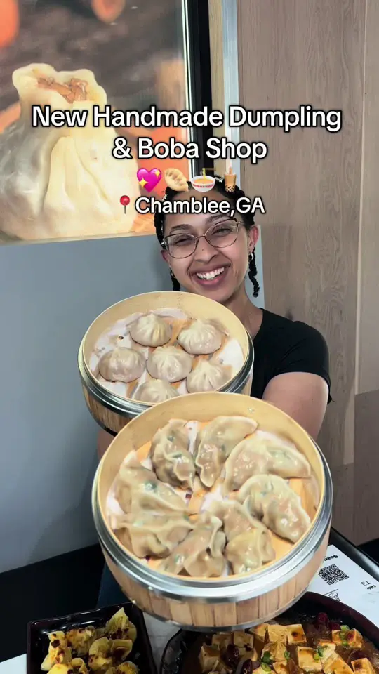 Dumpling Master in Peachtree City showing review, visit, handmade dumplings, soup dumplings, pan-fried buns, chili wontons, mapo tofu, noodles, boba drinks, video by travelfoodie_ishy on TikTok