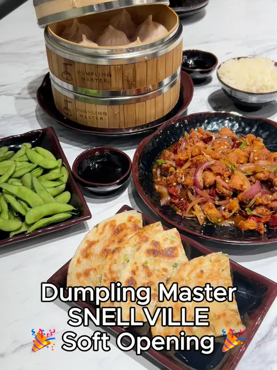 Dumpling Master in Snellville showing soft opening announcement, new menu item, chicken soup dumplings, free drinks promotion, video by dumplingmasterga on TikTok