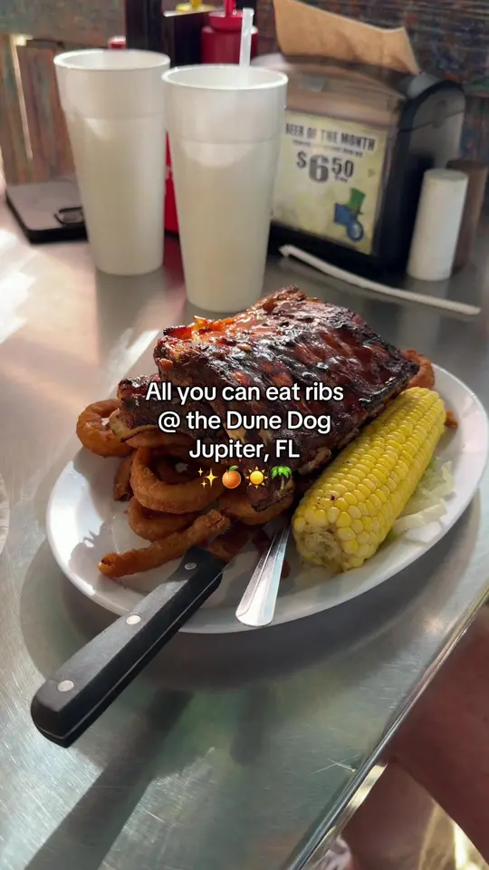 Dune Dog Cafe in Jupiter showing dinner deal, ribs, bbq sauce, video by francesca.reginaa on TikTok