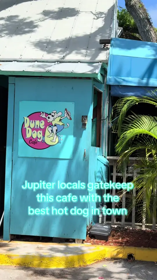 Dune Dog Cafe in Jupiter showing hot dog, burger, fries, video by palmbeachjulia on TikTok
