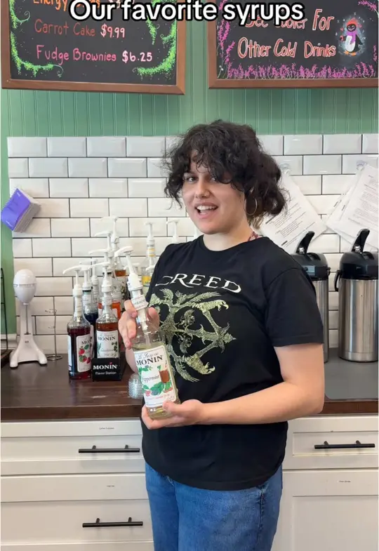 Dunedin Coffee Company & Bakery in Dunedin showing coffee, white chocolate mocha, peppermint syrup, pistachio syrup, rose syrup, toasted marshmallow syrup, video by dunedin.coffee.co on TikTok