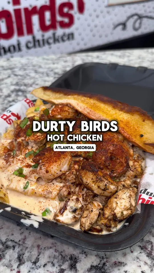 Durtybirds Southern Kitchen in Jonesboro showing food, cajun chicken and shrimp pasta, durty bird, smash burger, video by vibesinatl on TikTok