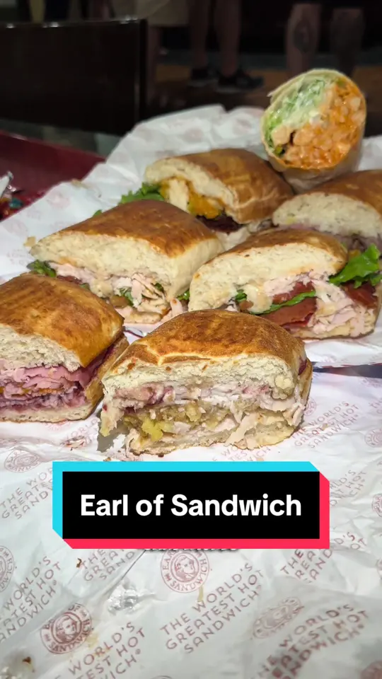 Earl of Sandwich in Lake Buena Vista showing visit, warm sandwich, video by foodyfellowship on TikTok