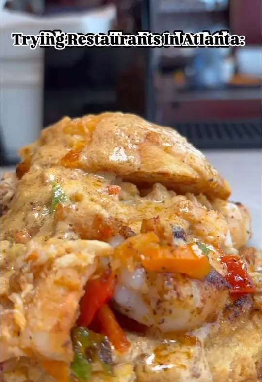 Eat My Biscuits in East Point showing review, visit, food, seafood biscuit, video by alexthatmediagurl on TikTok