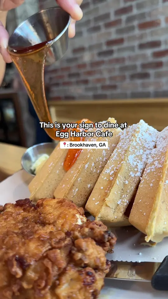 Egg Harbor Cafe in Brookhaven showing review, visit, breakfast, brunch, lunch, iced strawberry matcha latte, honeybee harborcinno, san antonio skillet, chicken and waffles, shrimp and grits,, video by sydwalker5 on TikTok