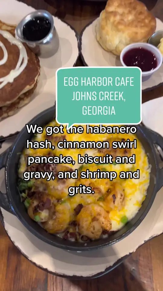 Egg Harbor Cafe in Johns Creek showing brunch, biscuit and gravy, shrimp and grits, pancake, cinnamon swirl pancake, coffee, strawberry orange juice, video by carmenlixx on TikTok