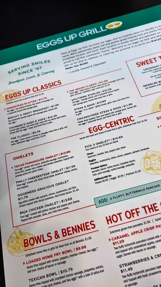 Eggs Up Grill in Evans showing breakfast, shrimp & grits bowl, goodness gracious breakfast platter, red, white & blue waffle, kids’ chicken tenders & fries, fresh orange juice, sweet tea, cri, video by Visit Columbia County, GA on Facebook
