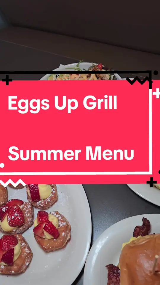 Eggs Up Grill in McDonough showing food, strawberry cheesecake pancakes, turkey, strawberries & cream donuts, brunch burger, southwest chicken salad, video by antlantaeats on TikTok