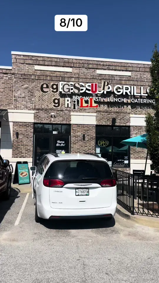 Eggs Up Grill in Milton showing review, casual brunch, video by prettymsparker on TikTok