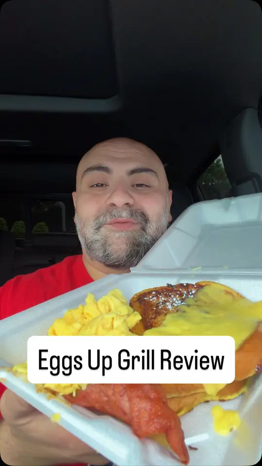 Eggs Up Grill in Rome showing breakfast, crème brulee french toast, cheese eggs, turkey bacon, video by Mo Snax on Facebook