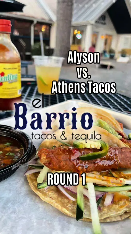 el Barrio tacos & tequila in Athens showing food review, tacos, crispy fish tacos, chicken al pastor tacos, birria tacos, video by jalyson.eats on TikTok