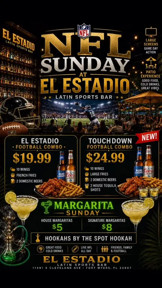 El Estadio Latin Sports Bar & Grill in Fort Myers showing sports, nfl football, wings, french fries, domestic beers, margaritas, hookahs, video by El Estadio Latin Sports Bar & Grill on Facebook