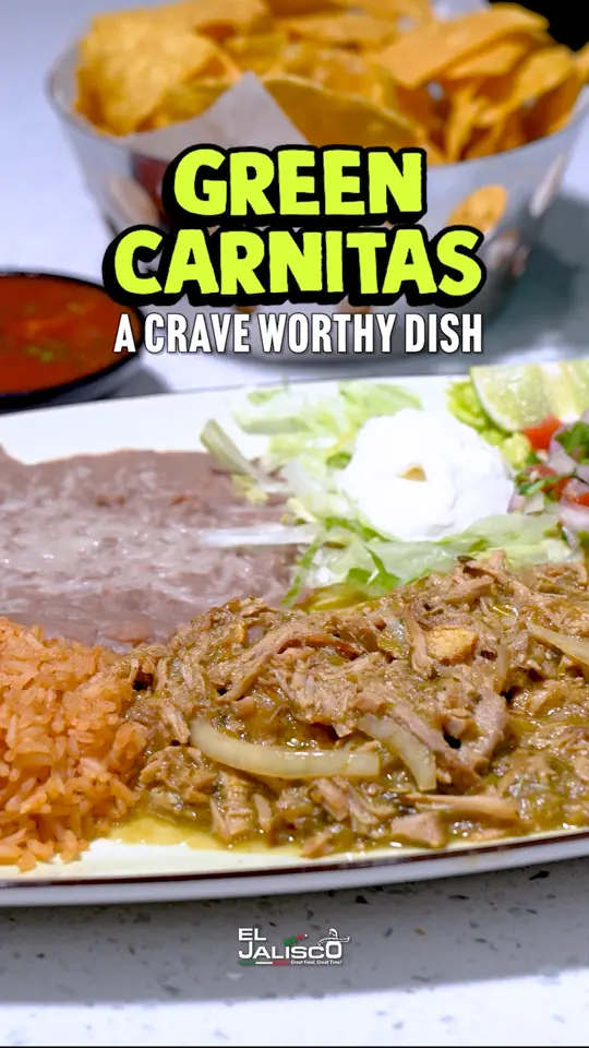 El Jalisco in Tallahassee showing food, green sauce carnitas dinner, video by El Jalisco Blountstown Mexican Restauran on Facebook