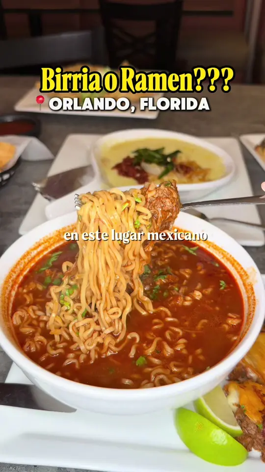 El Molcajete Mexican Restaurant - Vista Lakes in Orlando showing birria tacos, birria ramen, pizza de birria, all you can eat tacos promo, ramen de birria promo, video by josyinorlando on TikTok