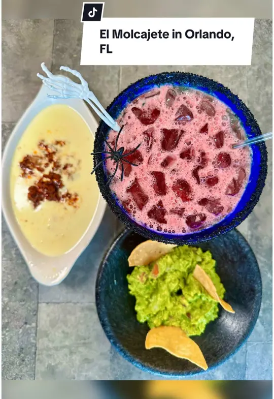 El Molcajete Mexican Restaurant - Vista Lakes in Orlando showing review, visit, drink, sangrona, food, al pastor quesadilla / chorizo queso / carne asada taco and huarache, video by christinainitalia on TikTok