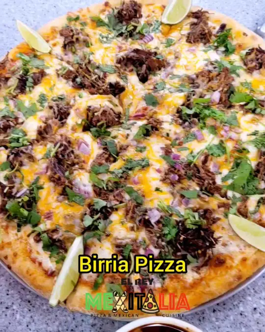 El Rey Mexitalia Restaurant in Albany showing birria tacos, birria ramen, birria quesadilla, birria pizza, video by El Rey Mexitalia on Facebook