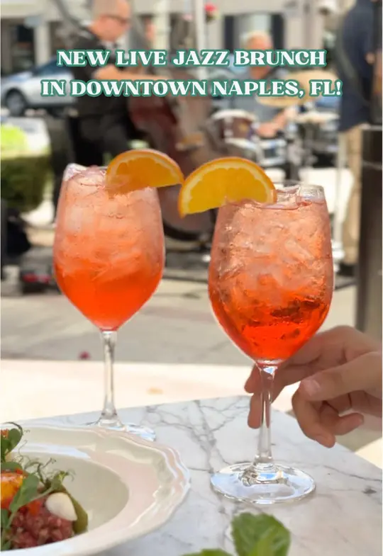  in Florida showing live music, jazz brunch, cocktails, spritz, french frosé, food, tiramisu french toast, avocado toast, oven-baked egg frittata, beef tartare, video by naplesnoms on TikTok