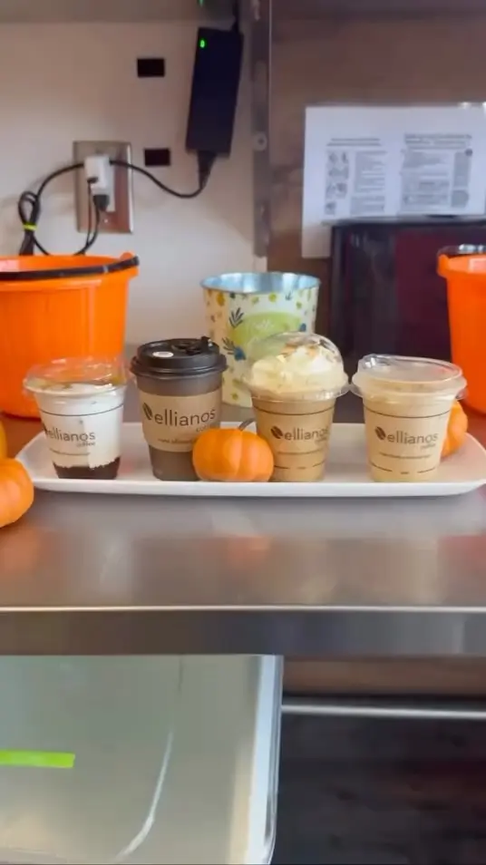 Ellianos Coffee Co in Carrollton showing coffee, pumpkin latte, video by Ellianos Coffee Carrollton on Facebook