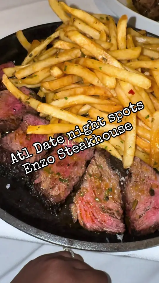 ENZO Steakhouse & Bar in Fayetteville showing visit, review, steak, lamb chops, fries, video by misskeribaby__ on TikTok
