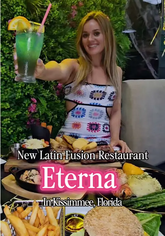 Eterna Restaurant & Lounge in Buena Ventura Lakes showing restaurant visit, latin fusion cuisine, live dj, grilled platters, arepas, ceviche, video by neverboredinorlando on TikTok