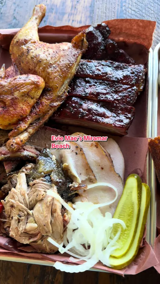 Evie Maes Pit Barbecue in Miramar Beach showing review, visit, video by meatchurchbbq on TikTok