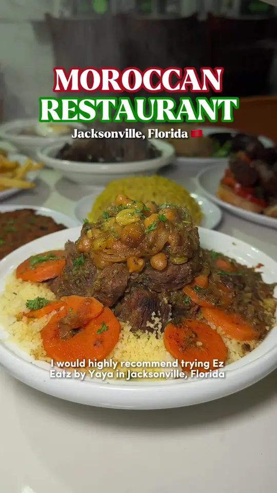 Ez Eatz By Yaya in Jacksonville showing review, beef briwat, kefta sandwich, fish sandwich, beef short rib, couscous w/ tfaya, mixed berry bread pudding, video by sociall.feeds on TikTok