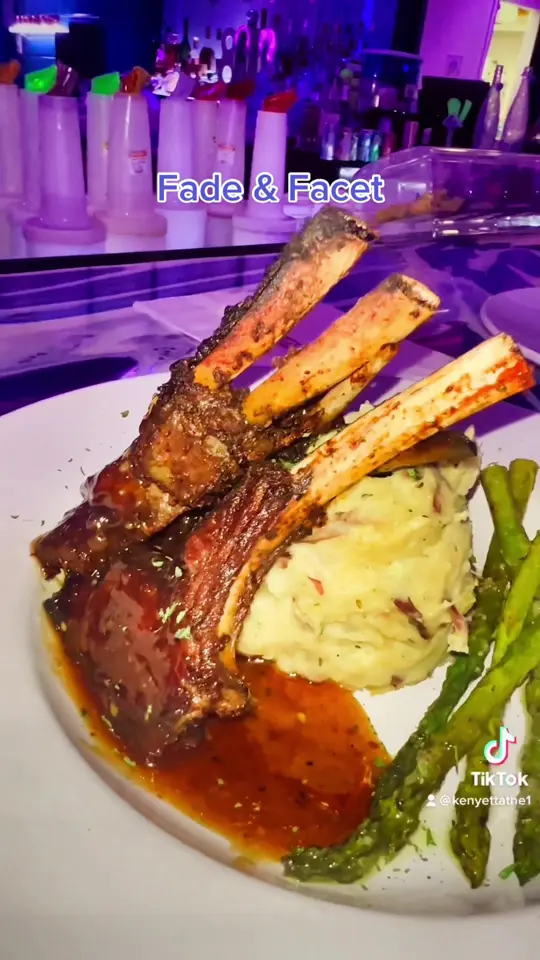 Fade + Facet in Duluth showing restaurant visit, atmosphere, food review, lamb chops, date night, video by kenyettathe1 on TikTok