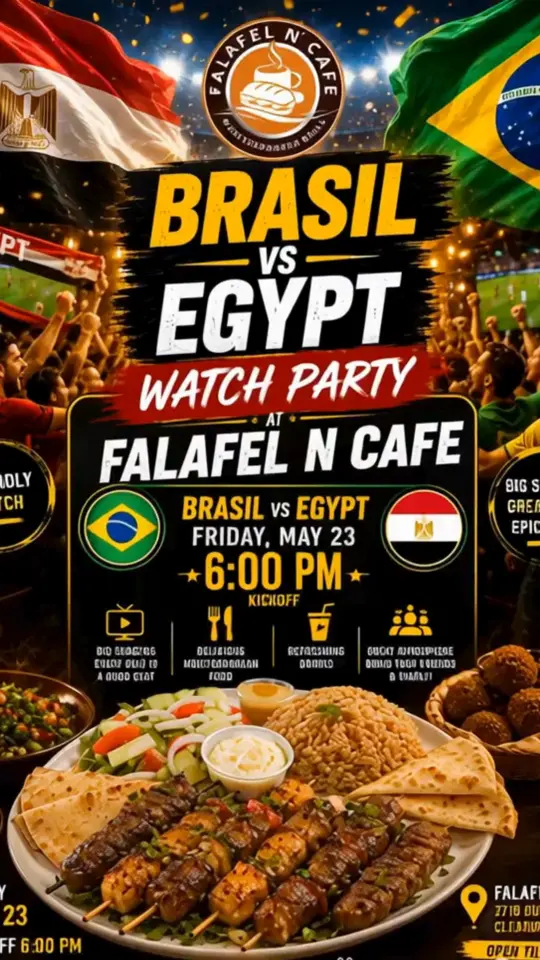 Falafel N Cafe in Clearwater showing soccer watch party, mix grill platter, big screens, fresh drinks, video by Falafel 'N' Cafe Mediterranean Restauran on Facebook
