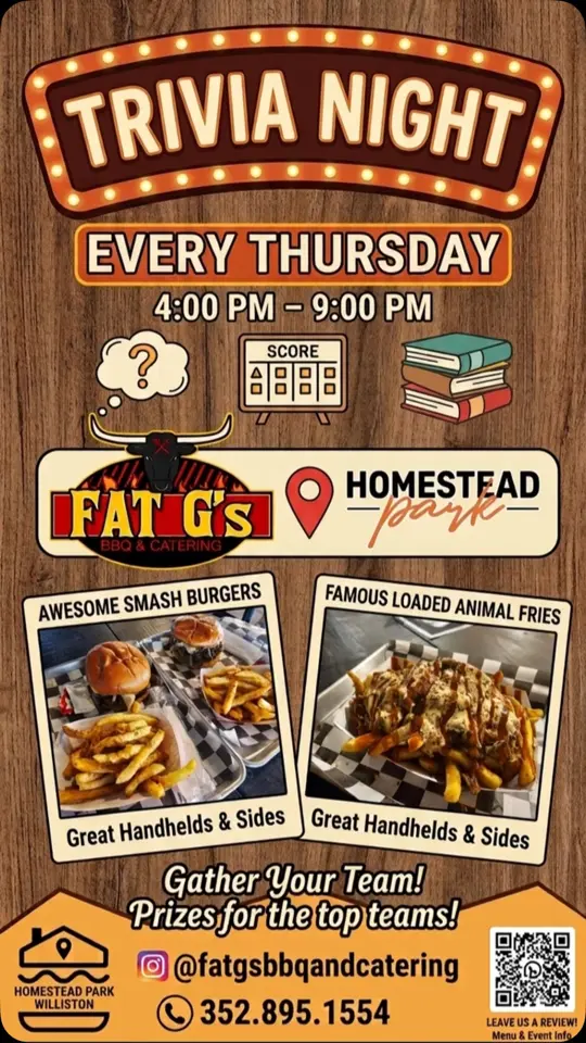 FAT G's BBQ & CATERING in Williston showing event, trivia, axe throwing, mini golf, video by FAT G’s BBQ & Catering on Facebook