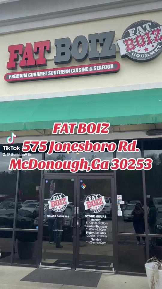 Fatboiz Premium Gourmet in McDonough showing restaurant visit, southern cuisine, brunch, seafood, wings, video by cookinwiththalia on TikTok