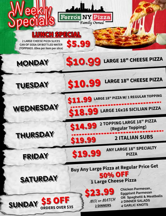 Ferro's Pizza in New Port Richey showing pizza, lunch special, large cheese pizza, video by Ferro's Pizza on Facebook