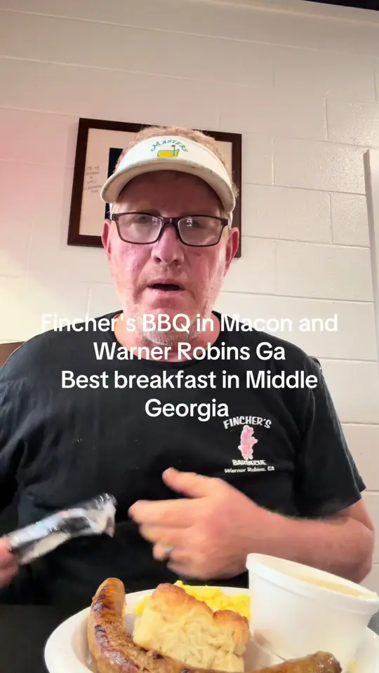 Fincher's Barbecue in Warner Robins showing breakfast, sausage, bacon, grits, eggs, biscuits, video by jakefincher1 on TikTok
