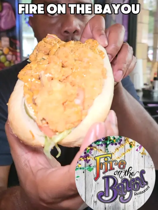 Fire on the Bayou Orange City in Orange City showing cajun food, seafood, fried seafood, po'boy, fish and chips, fried green tomatoes, video by baloo_eats on TikTok