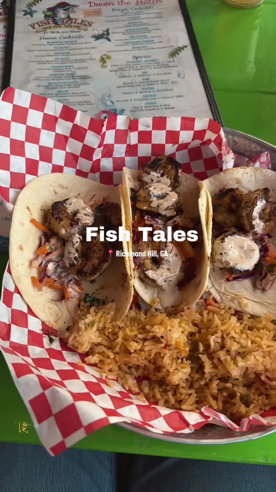 Fish Tales in Richmond Hill showing food, island tacos, video by natnat.kay04 on TikTok