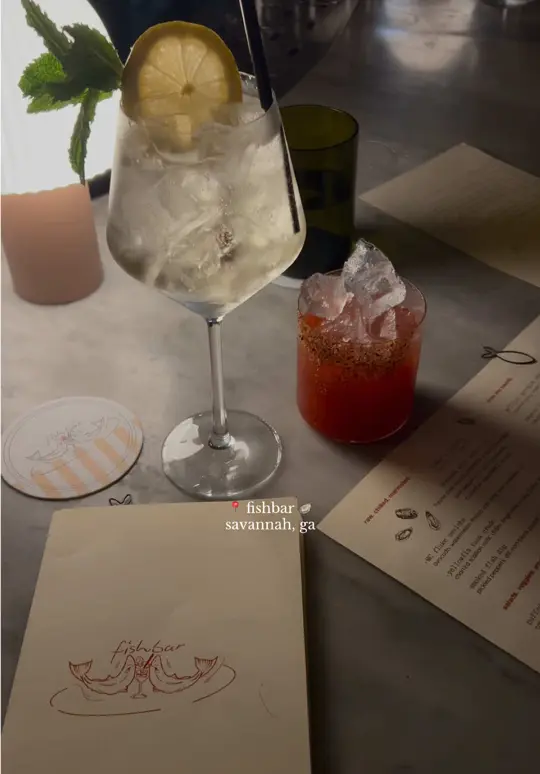 Fishbar in Savannah showing dinner, cocktails, video by emmacaroline.da on TikTok