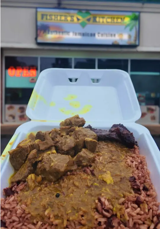 Fisher's Kitchen LLC in Conyers showing review, jerk chicken, oxtails, curry goat, video by westbrookeats on TikTok