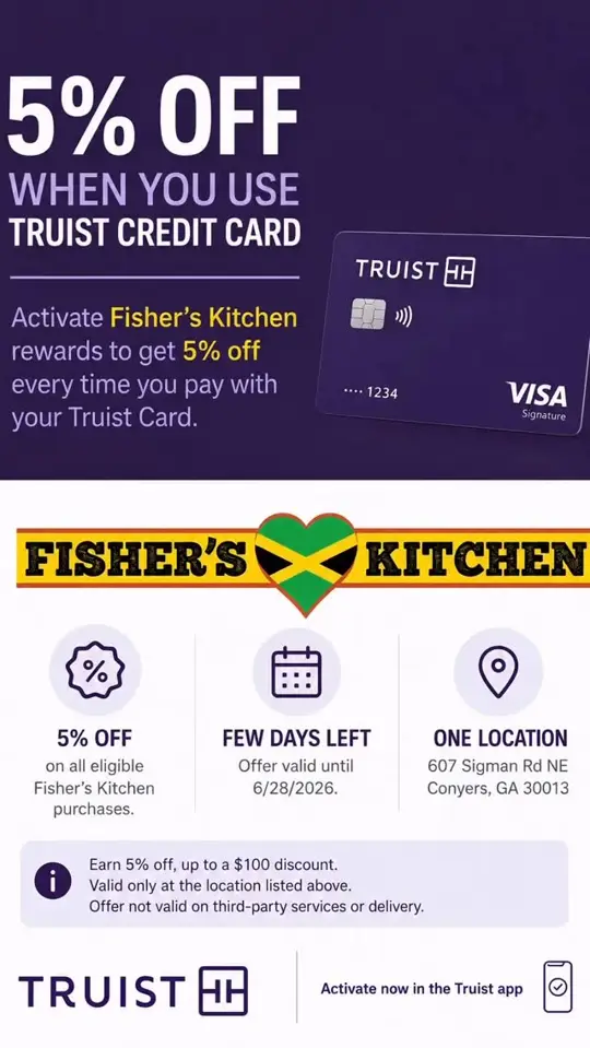 Fisher's Kitchen LLC in Conyers showing authentic jamaican food, cash back offer, truiist rewards, video by Fisher’s KitchenJa on Facebook